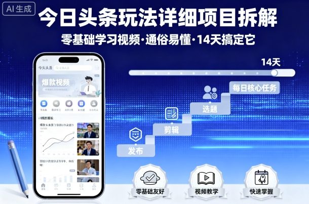 今日头条玩法详细项目拆解,零基础学习视频 通俗易懂 14天搞定它-优优云网创