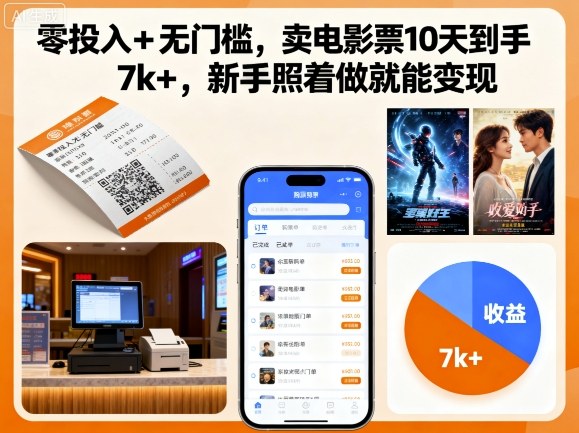 零投入+无门槛，卖电影票10天到手7k+，新手照着做就能变现【揭秘】-优优云网创
