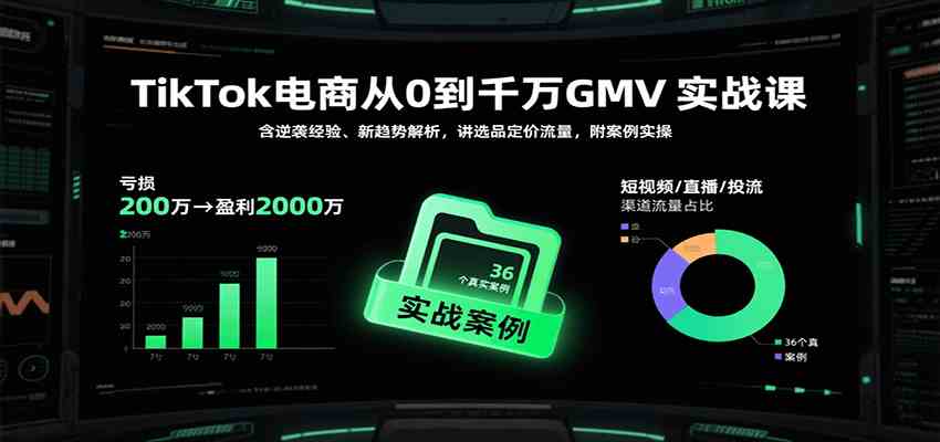 TikTok电商从0到千万GMV实战课，含逆袭经验、新趋势解析，讲选品定价流量，附案例实操-优优云网创