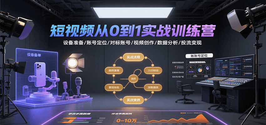 短视频从0到1实战训练营:设备准备/账号定位/对标账号/视频创作/数据分析/投流变现-优优云网创