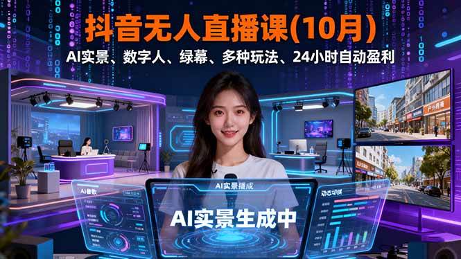 （16355期）抖音无人直播课(10月)，AI实景、数字人、绿幕、多种玩法、24小时自动盈利-优优云网创