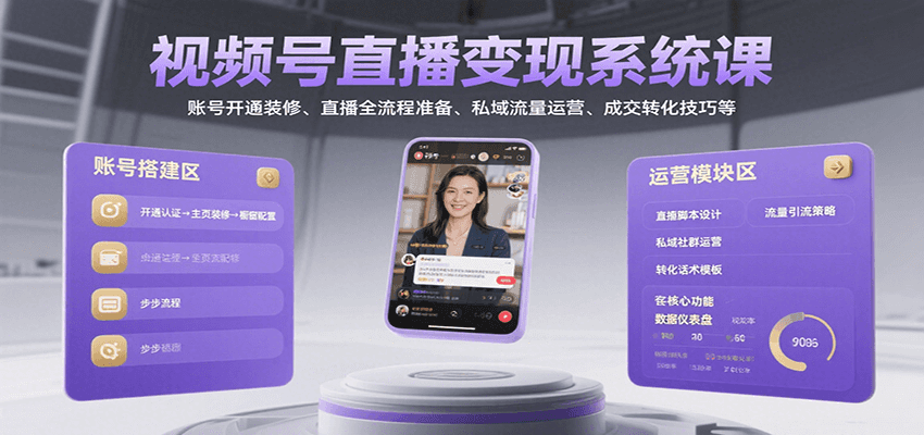 视频号直播变现系统课，账号开通装修、直播全流程准备、私域流量运营、成交转化技巧等-优优云网创