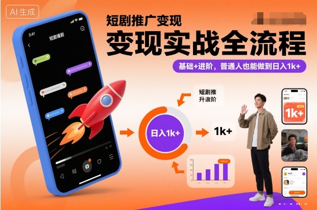 短剧推广变现实战全流程，基础+进阶，普通人也能做到日入1k+-优优云网创