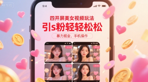 四开屏美女视频玩法,引s粉轻轻松松,暴力掘金,手机操作【揭秘】-优优云网创