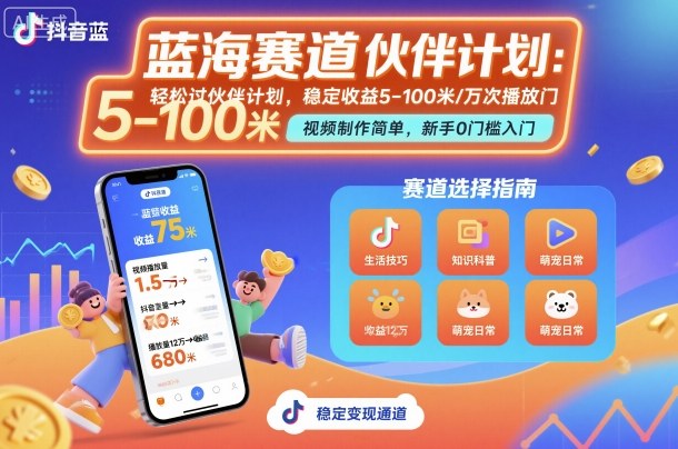 抖音蓝海赛道，轻松过伙伴计划，视频制作简单，万次播放收益在5-100米，稳定收益-优优云网创