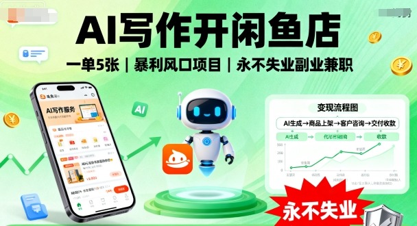 AI写作开闲鱼店,一单5张,暴利风口项目,永不失业副业兼职【全网首发】-优优云网创