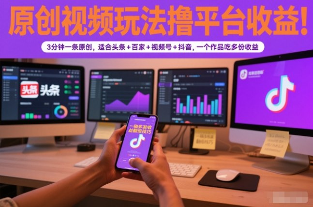 原创视频玩法撸平台收益，3分钟一条原创，适合头条+百家+视频号+抖音，一个作品吃多份收益-优优云网创