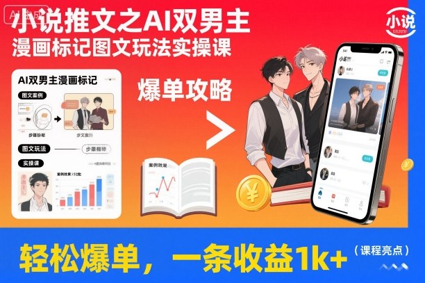 小说推文之AI双男主漫画标记图文玩法实操课,轻松爆单,一条收益1k+-优优云网创