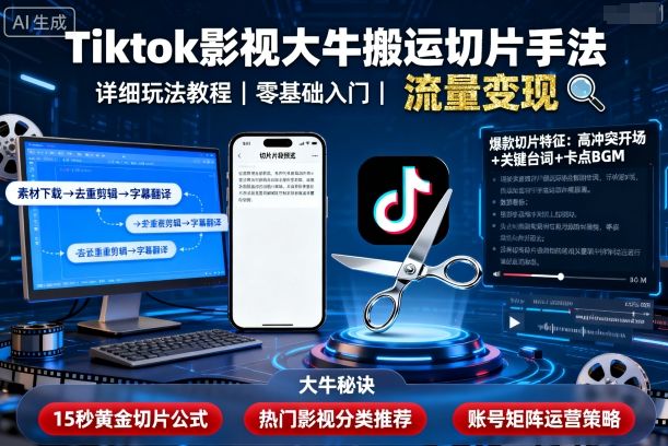 Tiktok影视大牛搬运切片手法，详细玩法教程-优优云网创