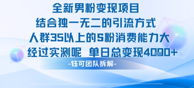全新男粉变现项目引流人群35以上的男粉消费能力大 经过实测单日变现1k+-优优云网创
