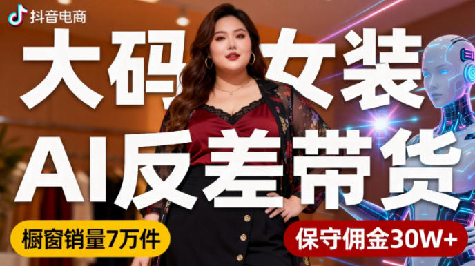 抖音小众赛道，大码女装AI反差带货，不用直播，每天6条作品，橱窗卖7万件，保守佣金30W+-优优云网创