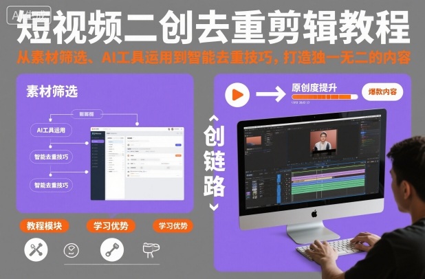 短视频二创去重剪辑教程，从素材筛选、AI工具运用到智能去重技巧，打造独一无二的内容-优优云网创