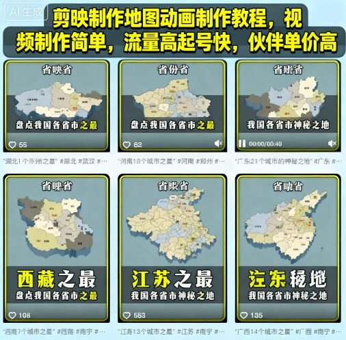 剪映制作地图动画制作教程，视频制作简单，流量高起号快，伙伴单价高-优优云网创