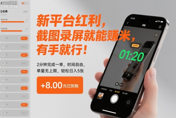 新平台红利,截图录屏就能賺米,有手就行!2分钟完成一单,时间自由,单量无上限,轻松日入5张【揭秘】-优优云网创