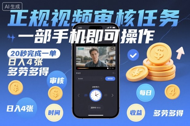 正规视频审核任务，一部手机即可操作，20秒完成一单，日入4张，多劳多得【揭秘】-优优云网创