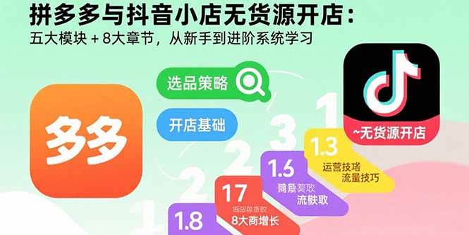 （15805期）拼多多与抖音小店无货源开店：五大模块+8大章节，从新手到进阶系统学习-优优云网创