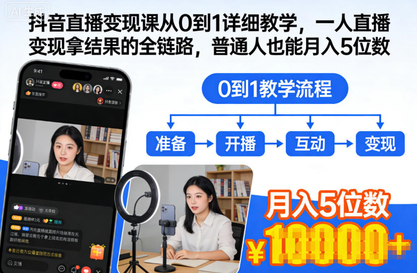 抖音直播变现课从0到1详细教学，一人直播变现拿结果的全链路，普通人也能月入5位数-优优云网创