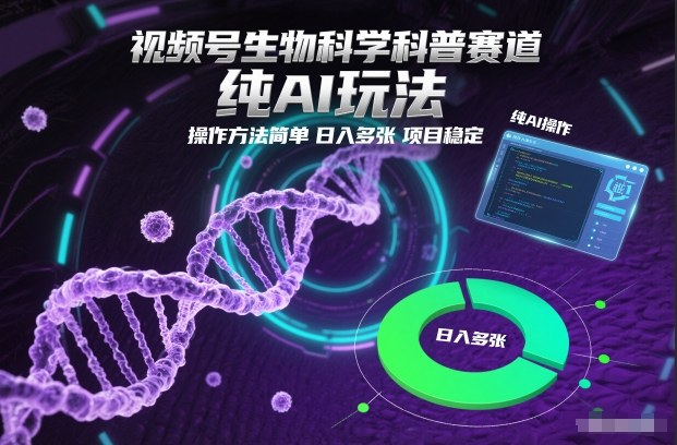 视频号生物科学科普赛道，纯AI玩法，操作方法简单，日入多张，项目稳定-优优云网创