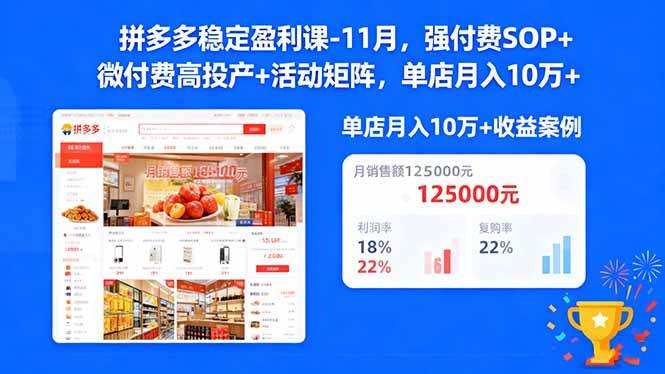 (16557期)拼多多稳定盈利课-11月,强付费SOP+微付费高投产+活动矩阵,单店月入10w+-优优云网创