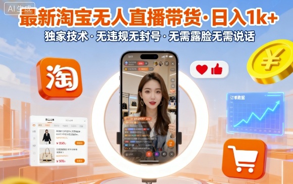 最新淘宝无人直播带货，日入1k+，独家技术，无违规无封号，无需露脸无需说话【揭秘】-优优云网创