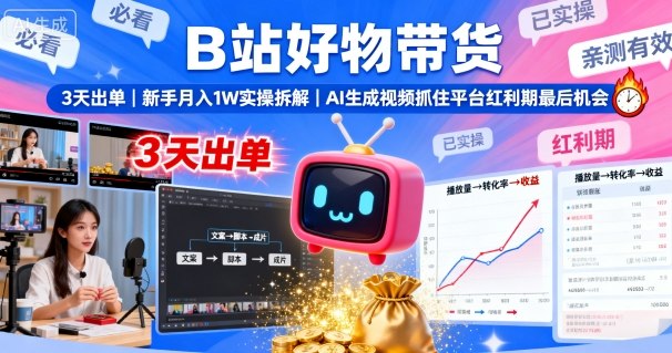 B站好物带货，3天出单，新手月入1W实操拆解，AI生成视频，抓住平台红利期最后机会-优优云网创