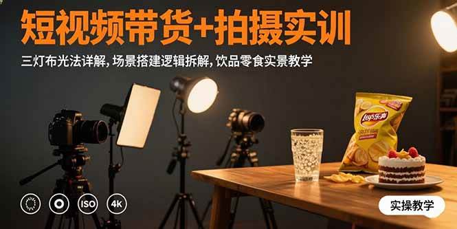 （15540期）短视频带货+拍摄实训：三灯布光法详解,场景搭建逻辑拆解,饮品零食实景教学-优优云网创