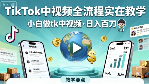 TikTok中视频全流程实操教学，小白做tk中视频，日入百刀-优优云网创