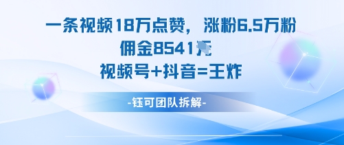 一条视频18W点赞,涨粉6.5W粉佣金8541米,视频号+抖音=王炸-优优云网创