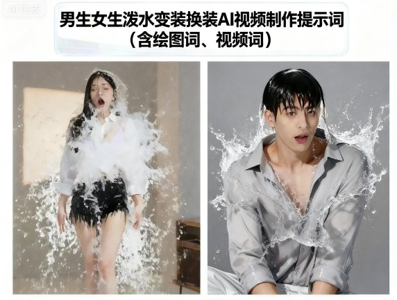 男生女生泼水变装换装AI视频制作提示词(含绘图词、视频词)-优优云网创