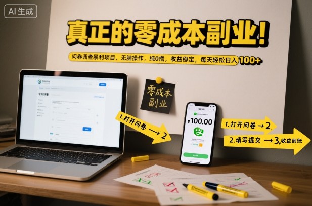 真正的零成本副业！问卷调查暴利项目，无脑操作，纯0撸，收益稳定，每天轻松日入100+【揭秘】-优优云网创